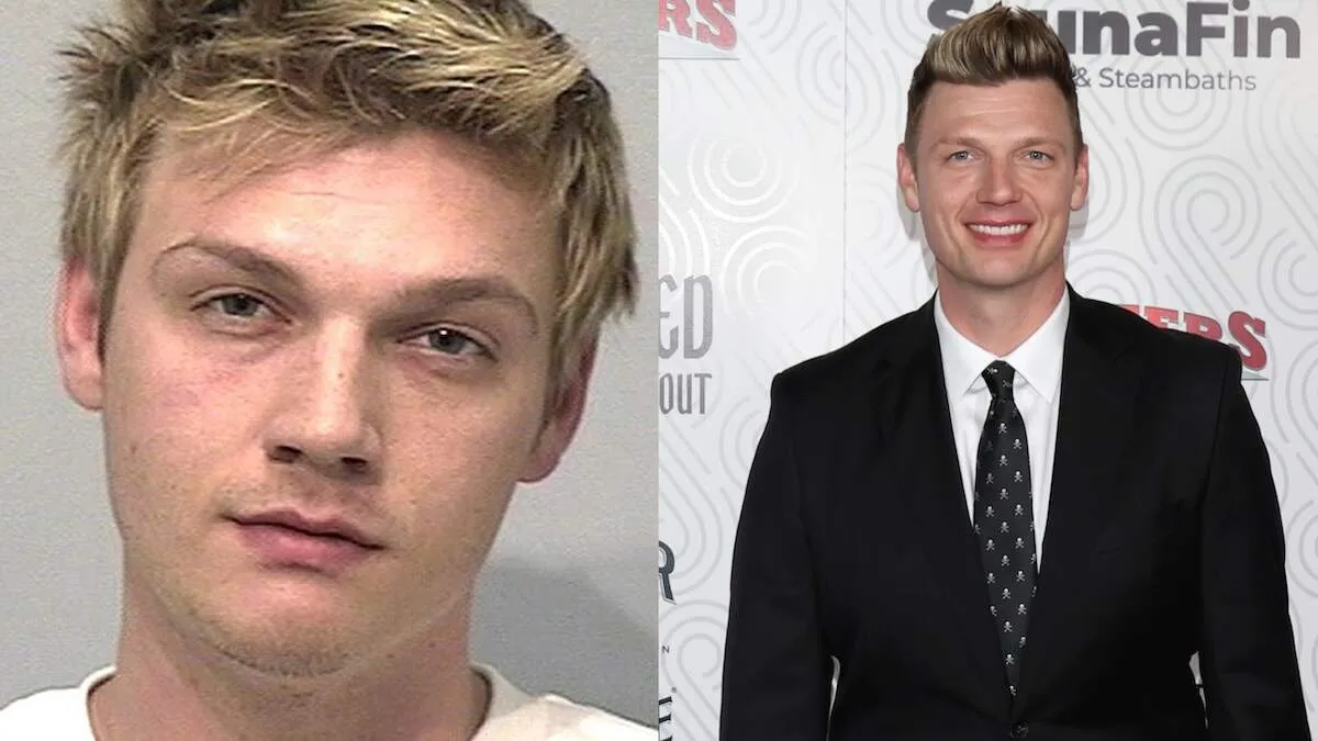 A photo of Nick Carter's mugshot alongside a photo of Carter in 2024 wearing a black suit and tie