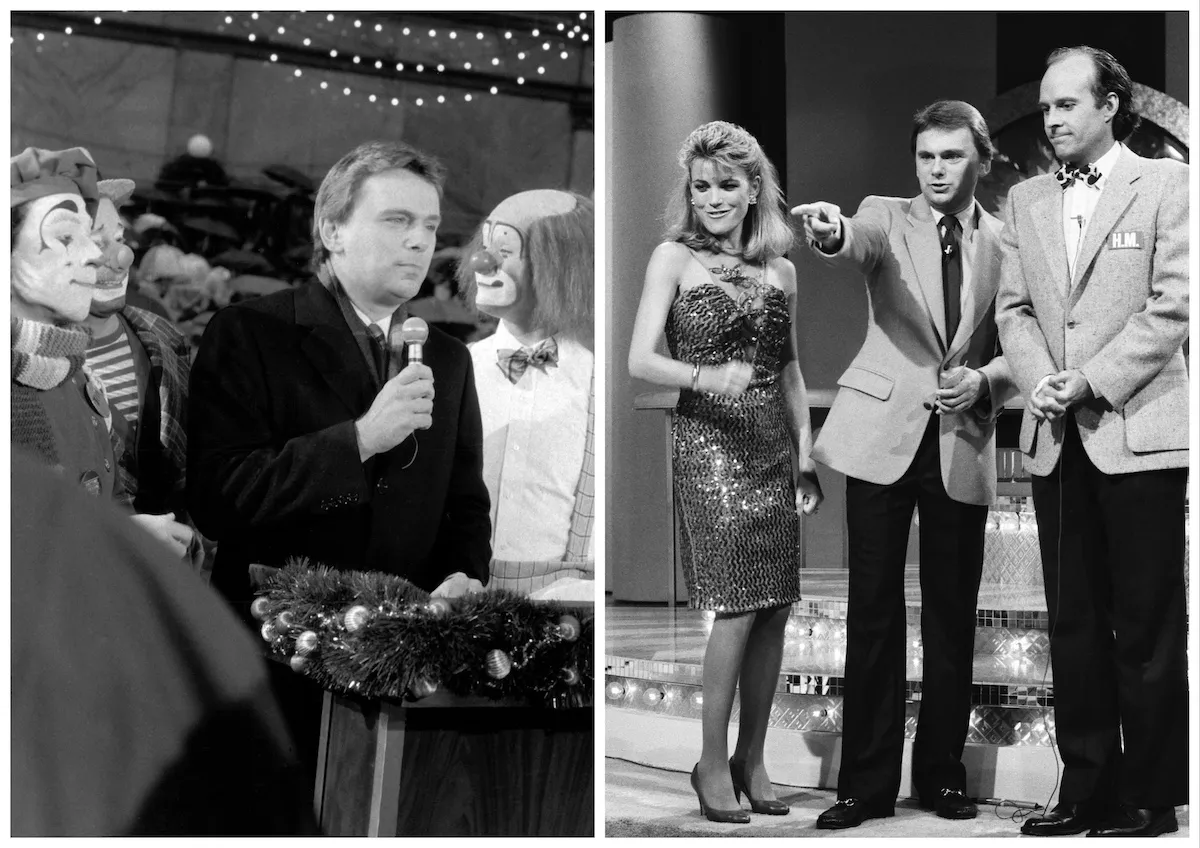 Side by side black and white photos of Pat Sajak hosting the Macy's parade with clowns and Pat Sajak and Vanna White playing themselves on 'The A-Team'