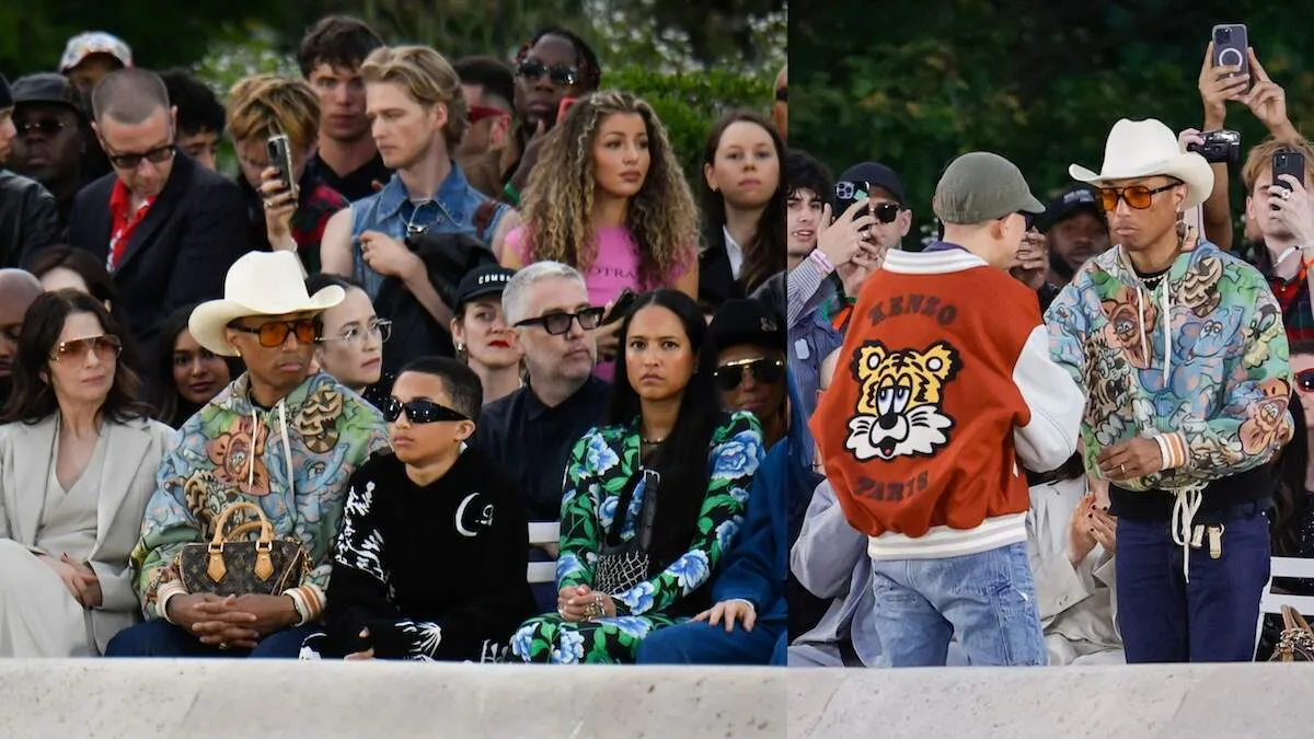 Musician Pharrell Williams sits front row at a fashion show with his son, Rocket Williams, and wife, Helen Lasichanh