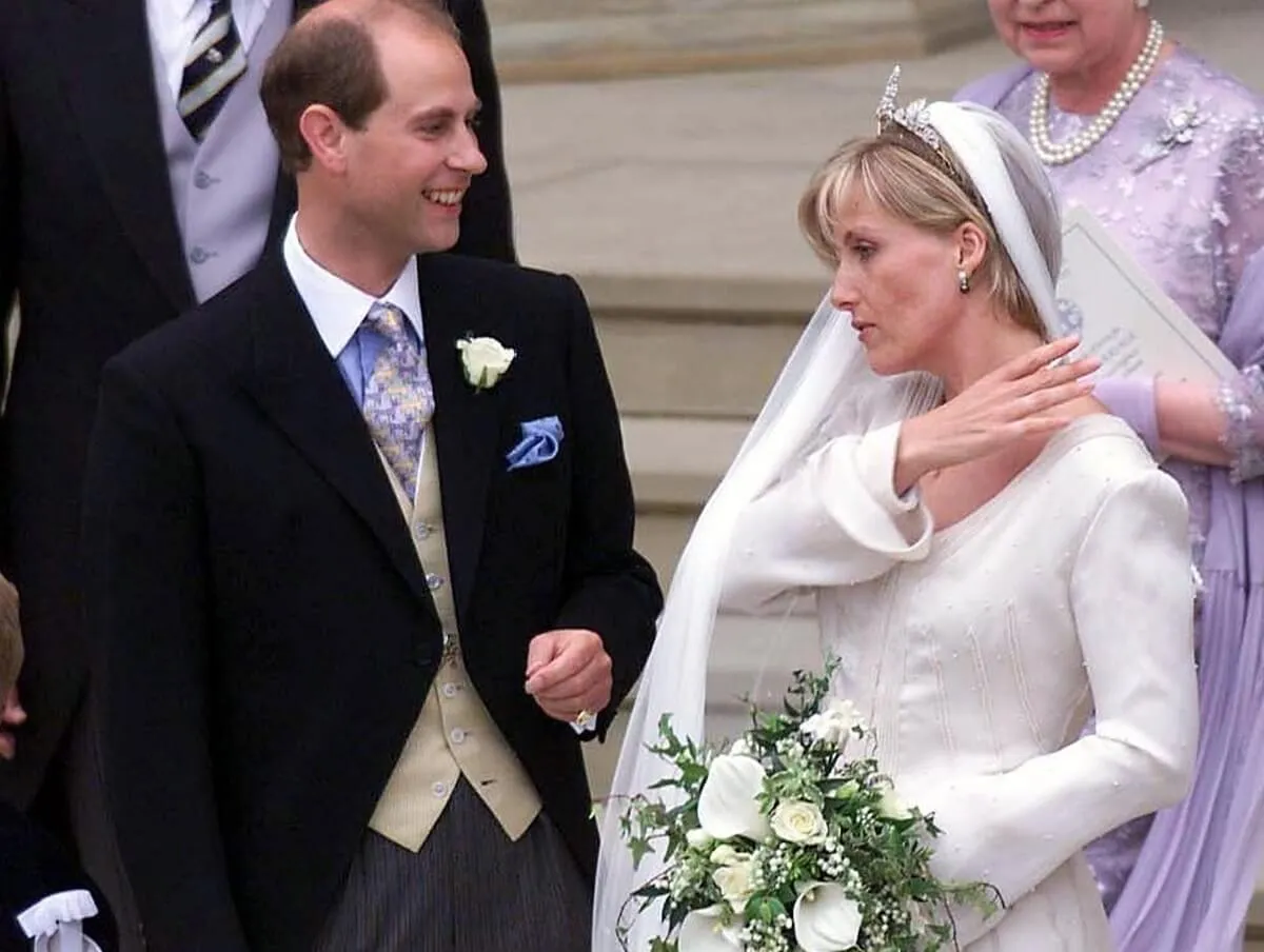 Prince Edward and his wife, Sophie, standing outside St. George's Chapel at Windsor on their wedding day