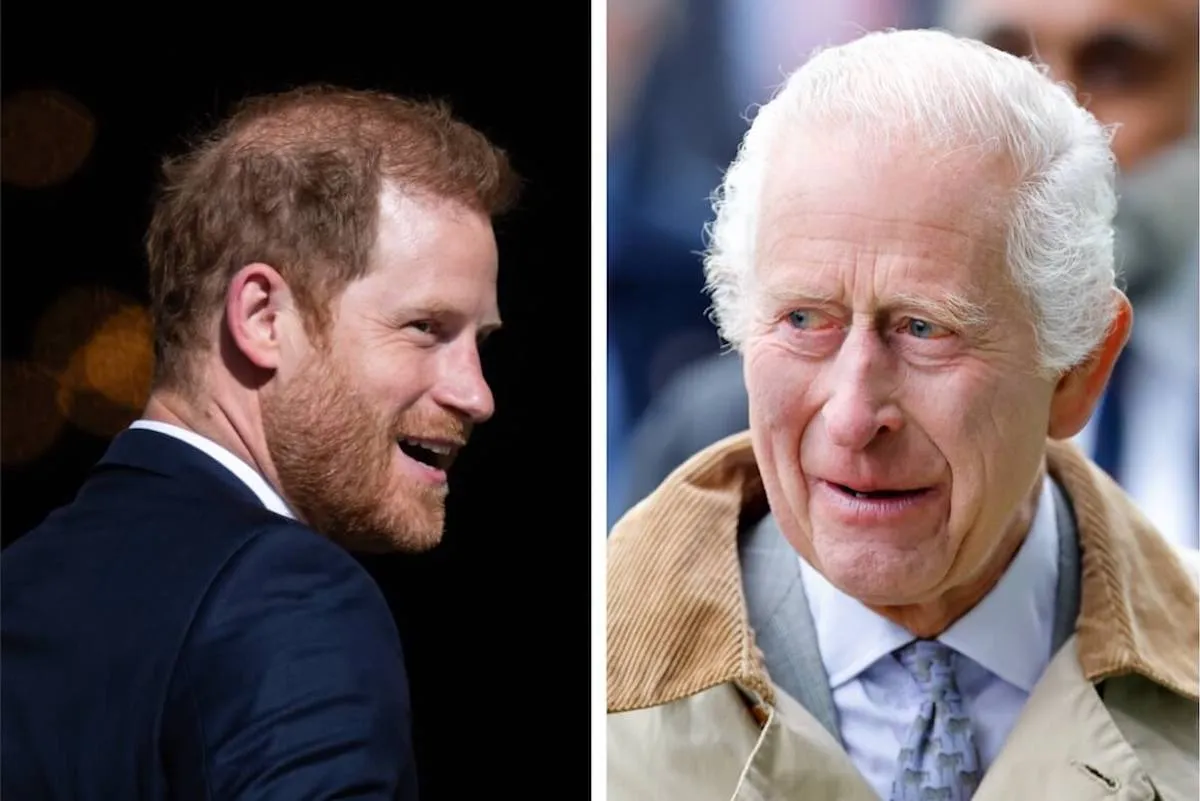 Prince Harry, whose children King Charles III wants to spend more time with, in May 2024; King Charles III in May 2024.