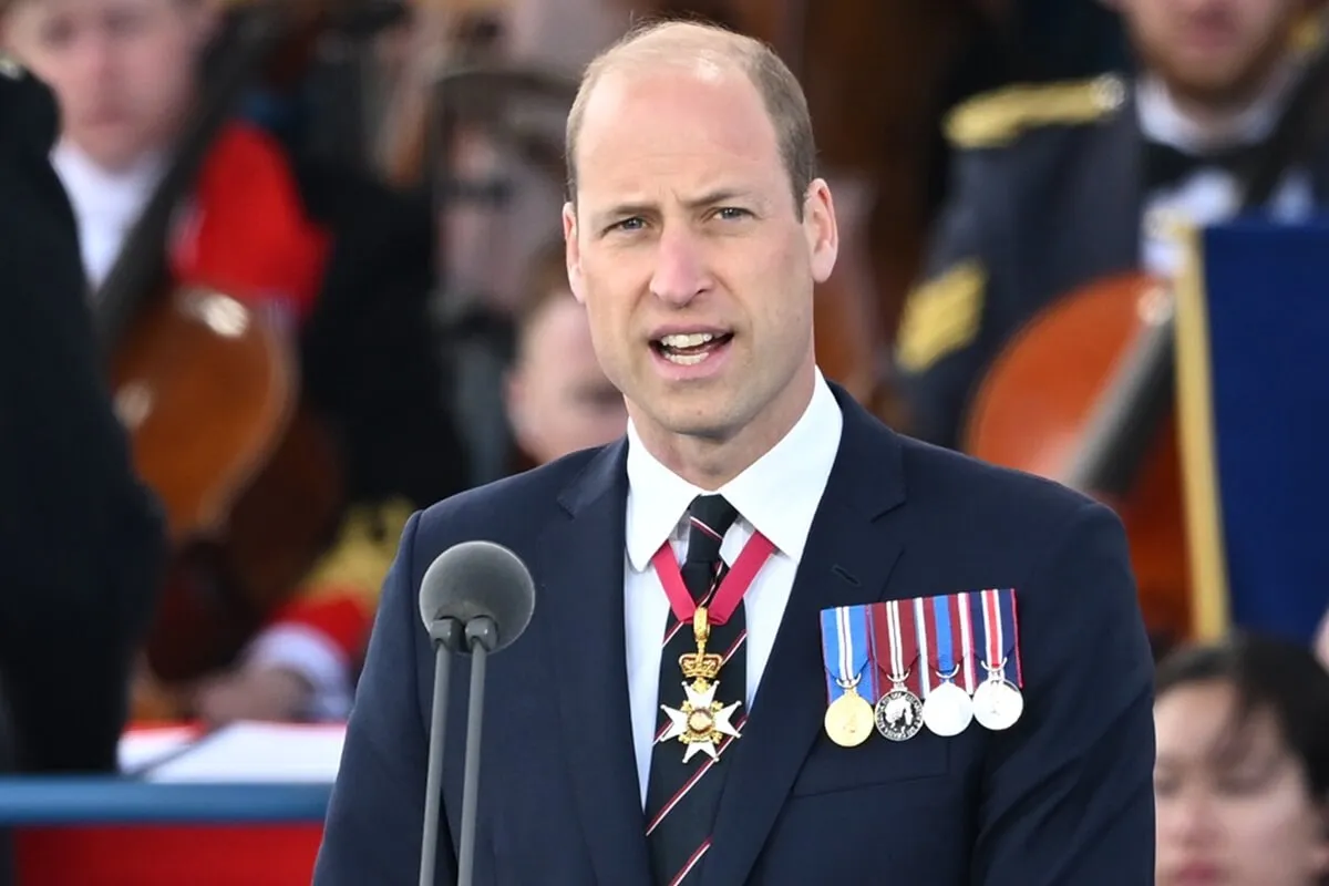 Prince William speaks during a commemorative event marking the 80th anniversary Of D-Day in Southsea Common