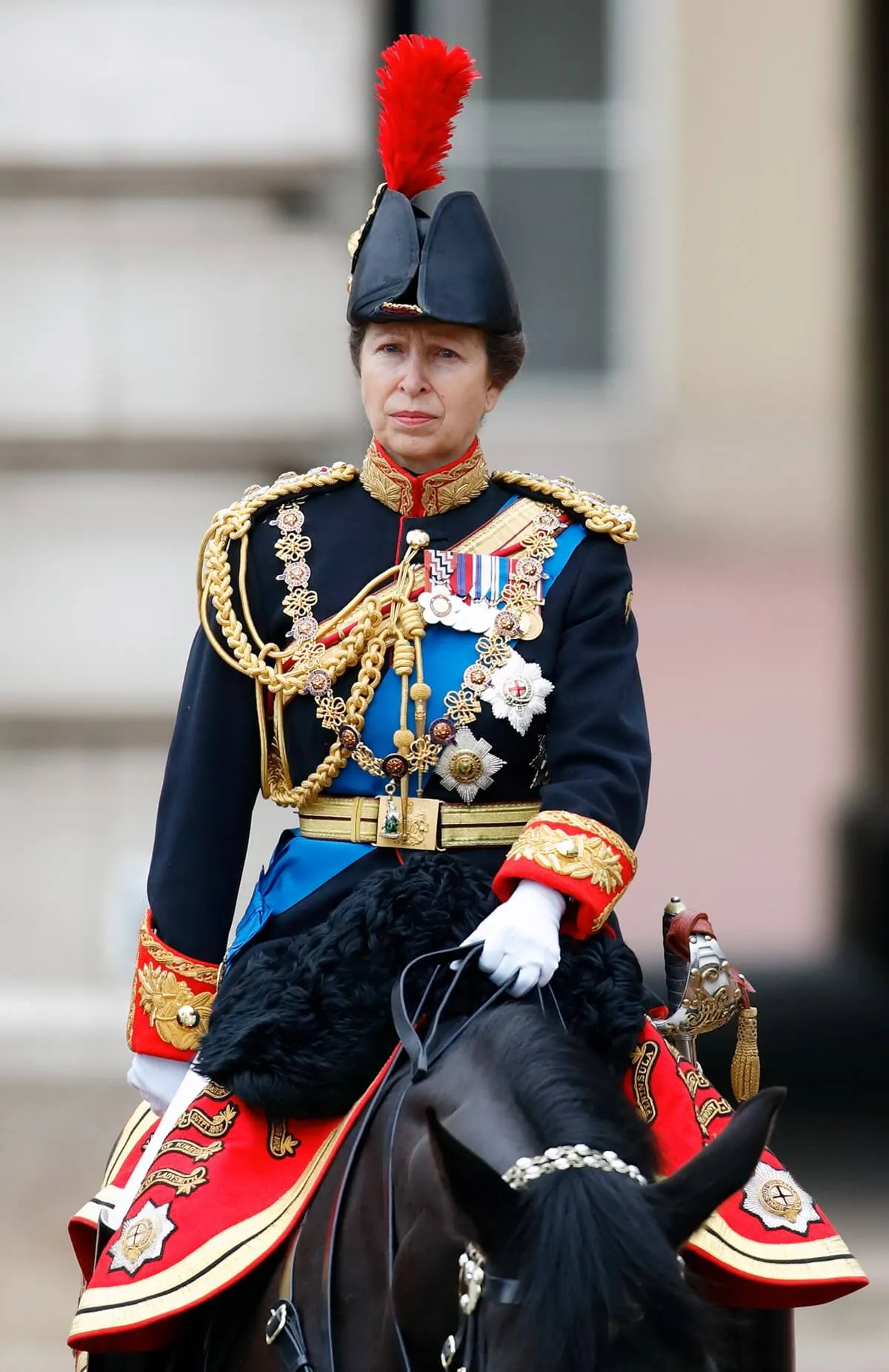 Princess Anne takes part, riding on horseback, in the annual Trooping the Colour parade
