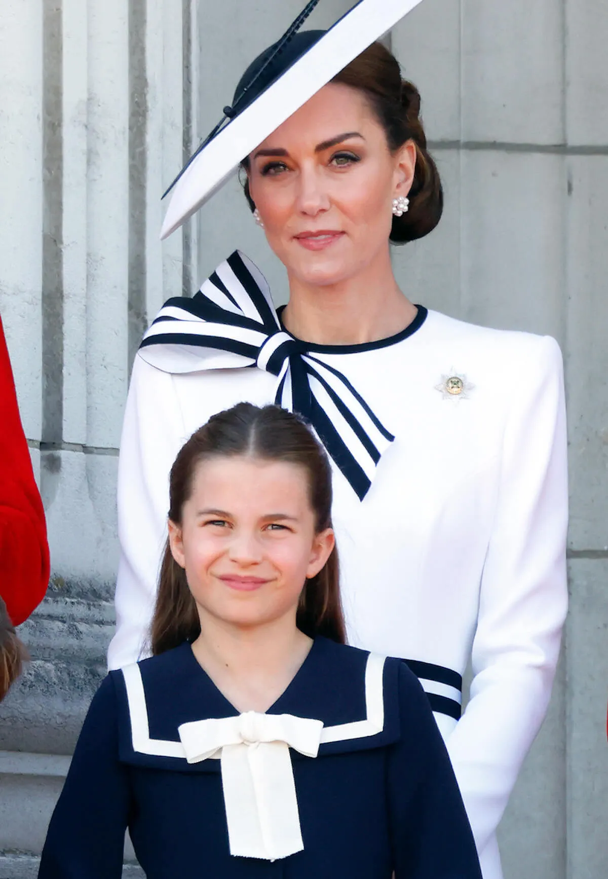 Princess Charlotte and Kate Middleton standing on the Buckingham Palace balcony during Trooping the Colour.