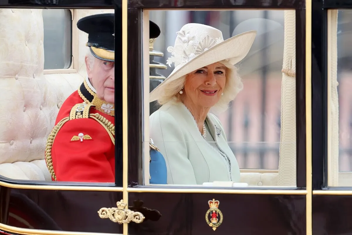 Queen Camilla (formerly Camilla Parker Bowles) in carriage with King Charles III during 2024 Trooping the Colour