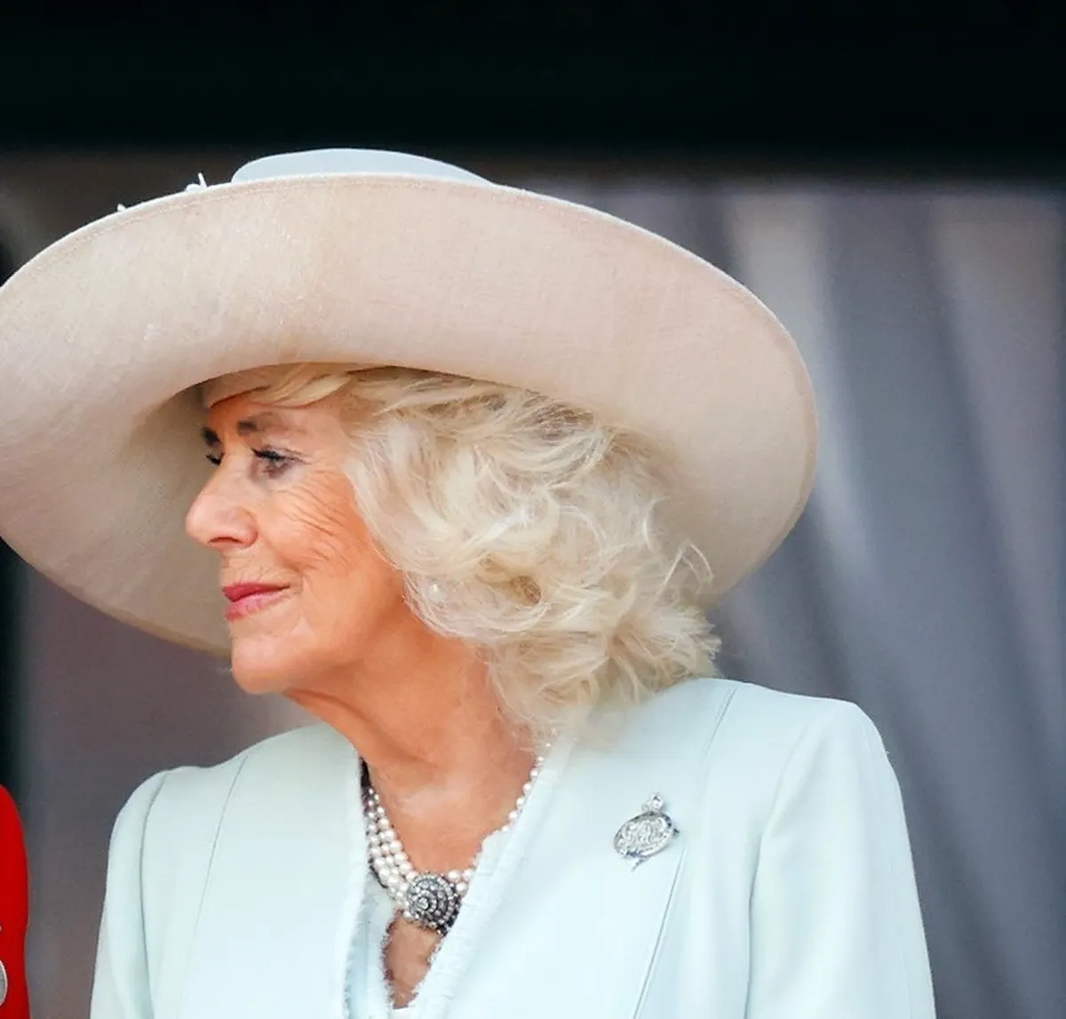Queen Camilla standing on the balcony of Buckingham Palace after attending Trooping the Colour