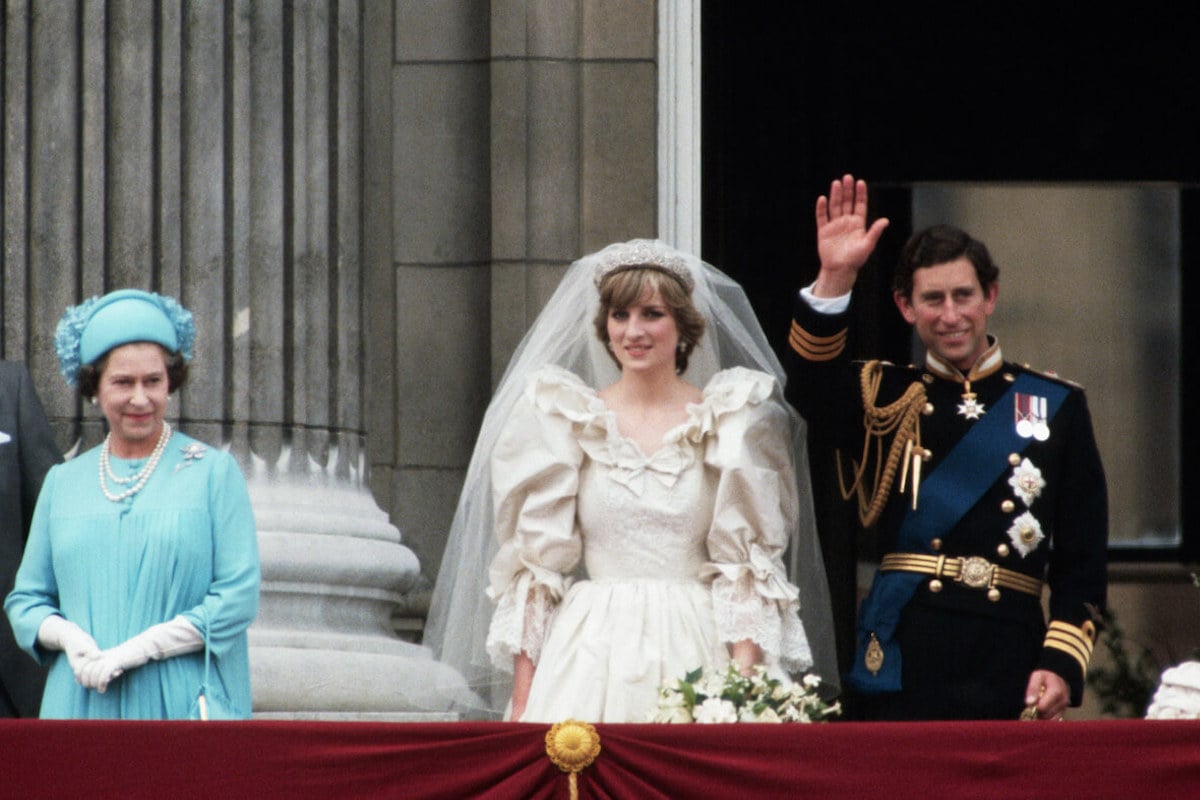 Queen Elizabeth, whose words to Princess Diana on the Buckingham Palace balcony have been decoded by a lip reader, with Princess Diana and King Charles III on their wedding day