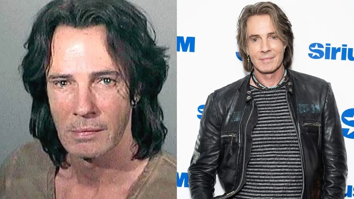 Singer Rick Springfield's mugshot alongside a photo of the singer wearing a leather jacket in 2024