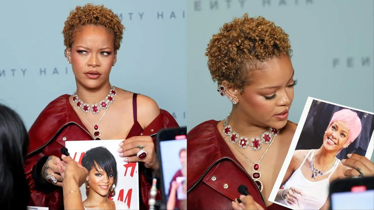 Rihanna looks at photos of her old hairstyles at the Rihanna x Fenty Hair Los Angeles Launch Party