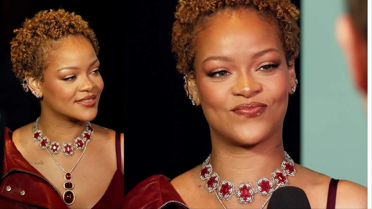 Singer Rihanna answers interview questions at the launch of Fenty Hair