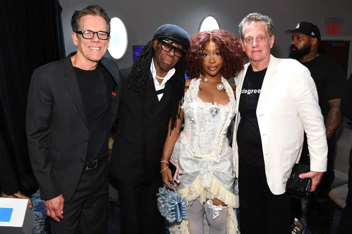 SZA stands with Kevin Bacon, Nile Rodgers, and Michael Bacon before the 2024 Songwriters Hall of Fame Induction