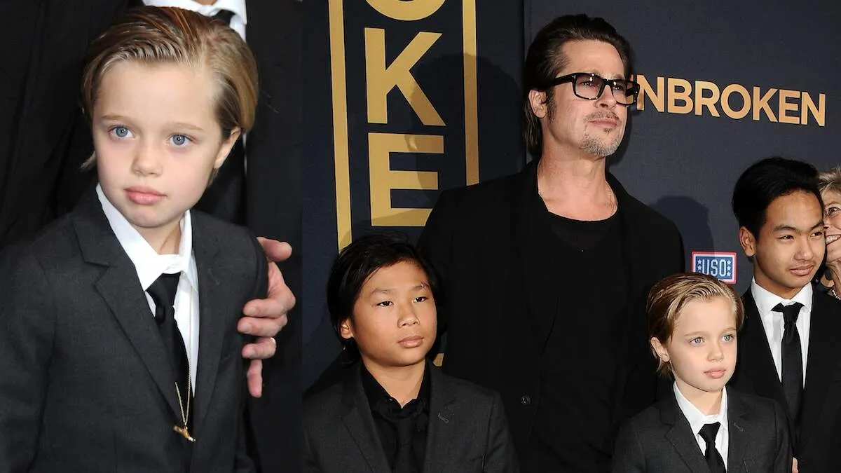 Pax, Shiloh, and Maddow attend a movie premiere with their dad, Brad Pitt, posing on the red carpet