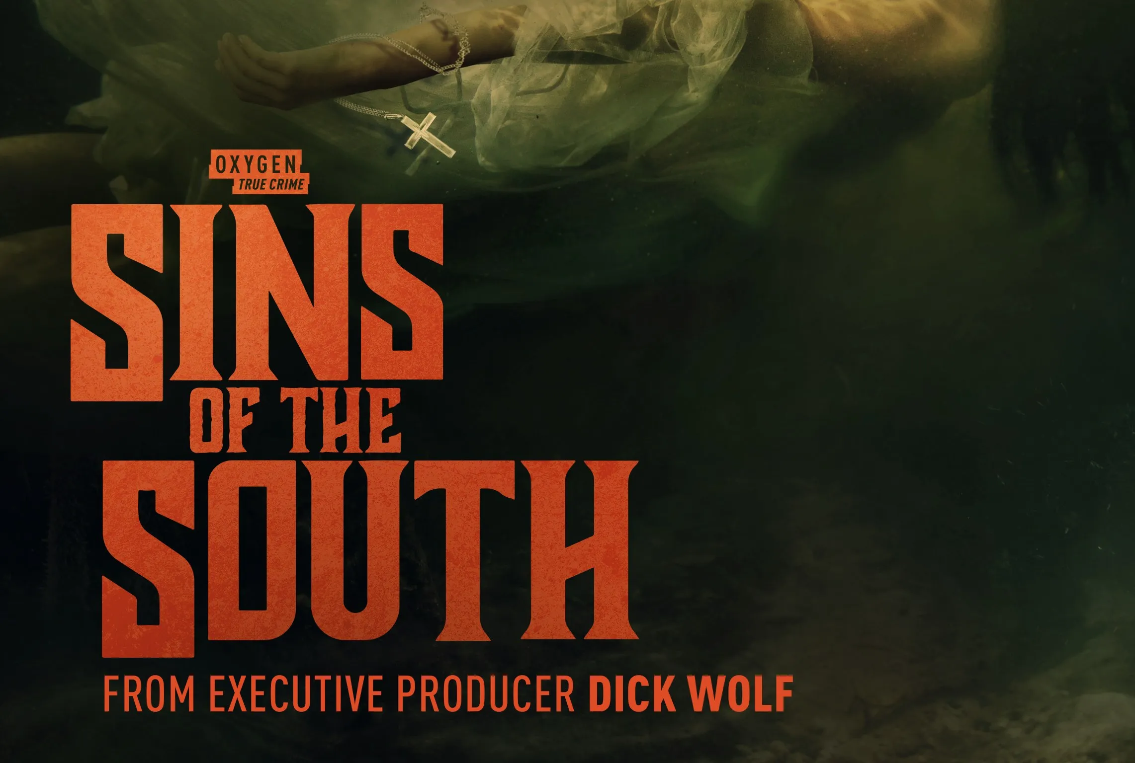 'Sins of the South' key art with a woman's body floating in water and the show's title in red font