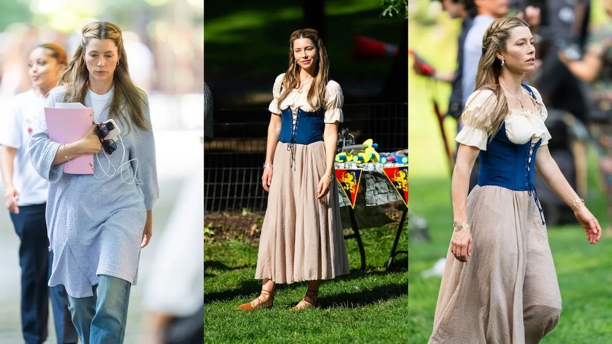 Actor Jessica Biel walks through Central Park while filming 'The Better Sister'