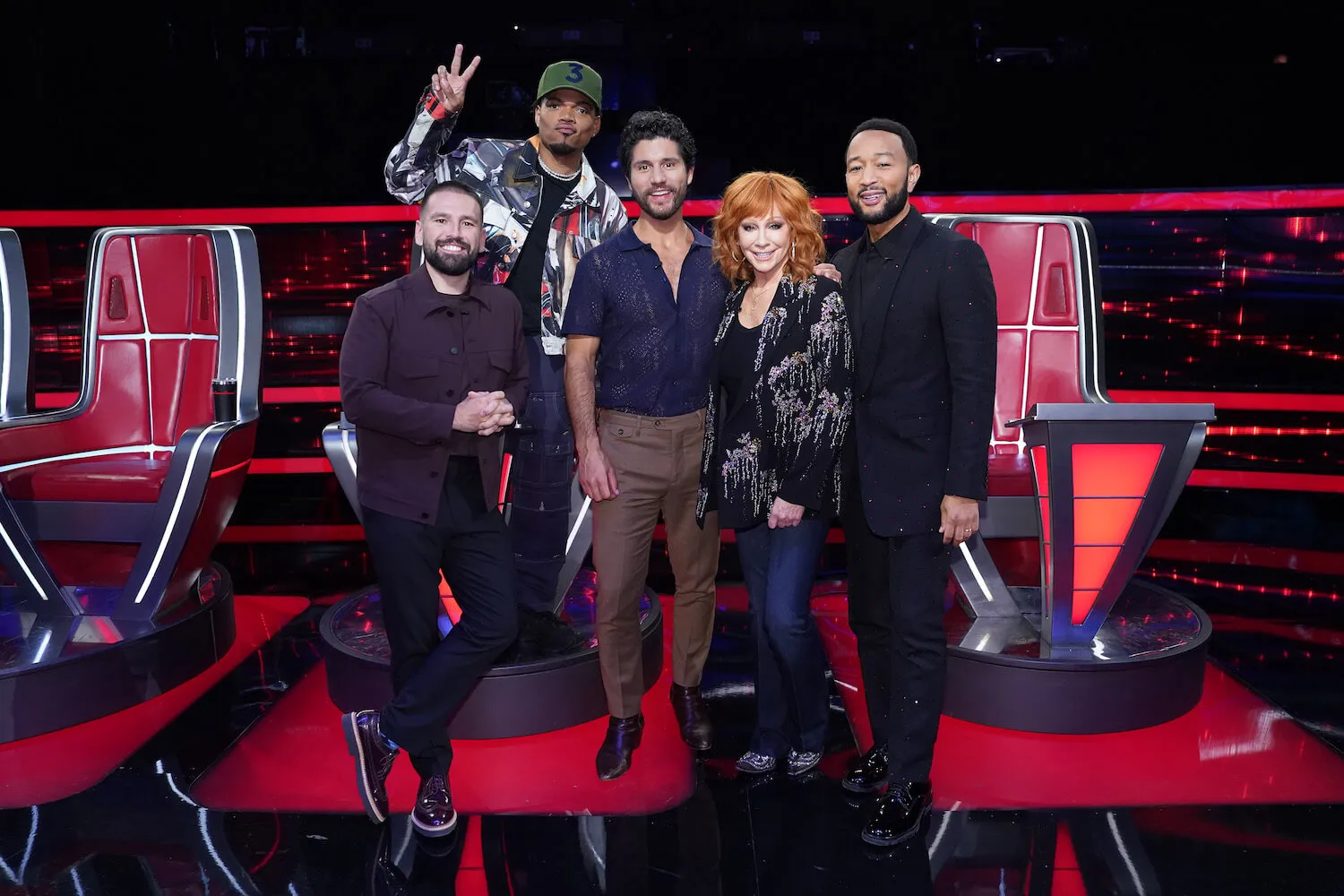 'The Voice' Season 25 coaches Shay Mooney, Chance The Rapper, Dan Smyers, Reba McEntire, and John Legend standing together on set