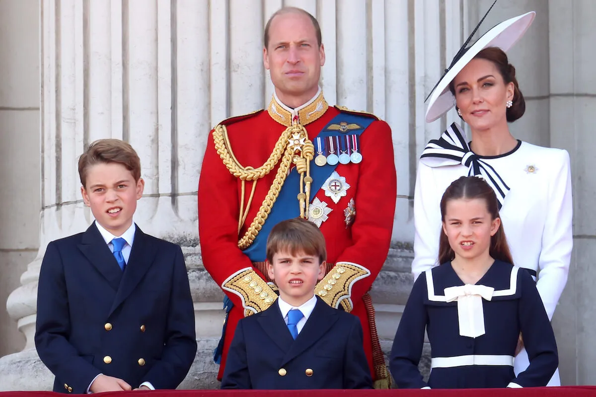 Prince George, Prince William, Prince Louis, Princess Charlotte, and Kate Middleton stand on the Buckingham Palace balcony during Trooping the Colour.