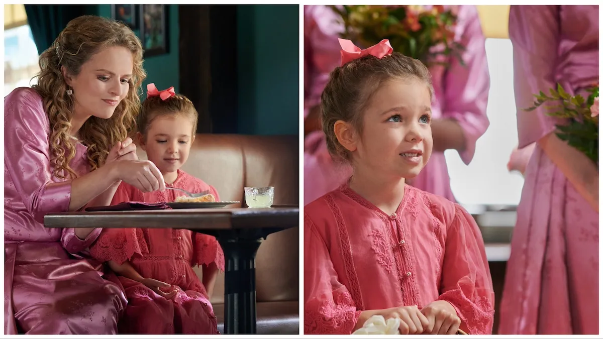 Side by side photos of Faith and Lily in pink dresses sitting at a table and Lily standing in front of women in pink dresses holding bouquets