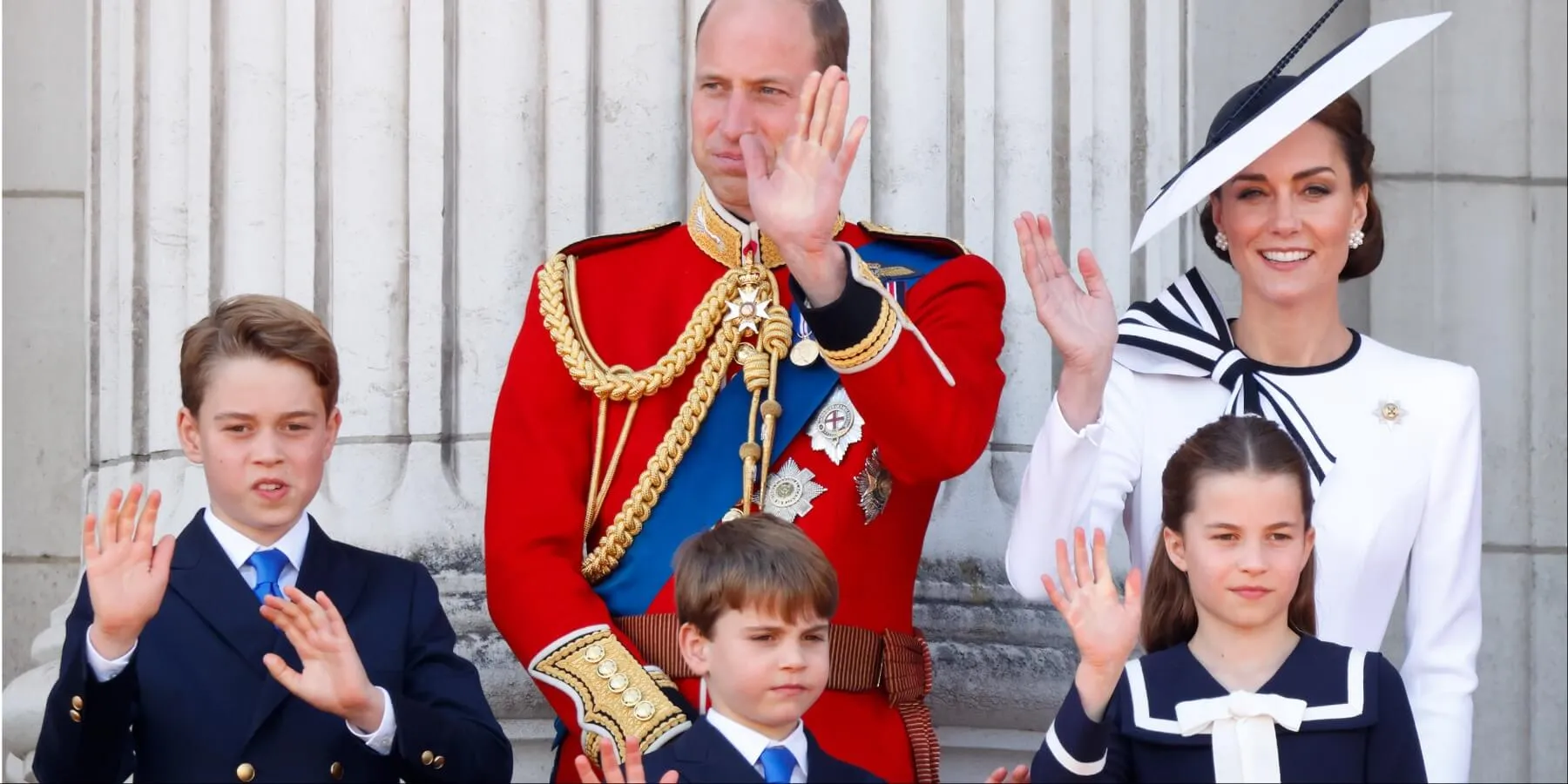 Prince George, Prince Louis, Princess Charlotte, Prince William and Kate Middleton pose on the Buckingham Palace balcony during 2024 Trooping the Color.