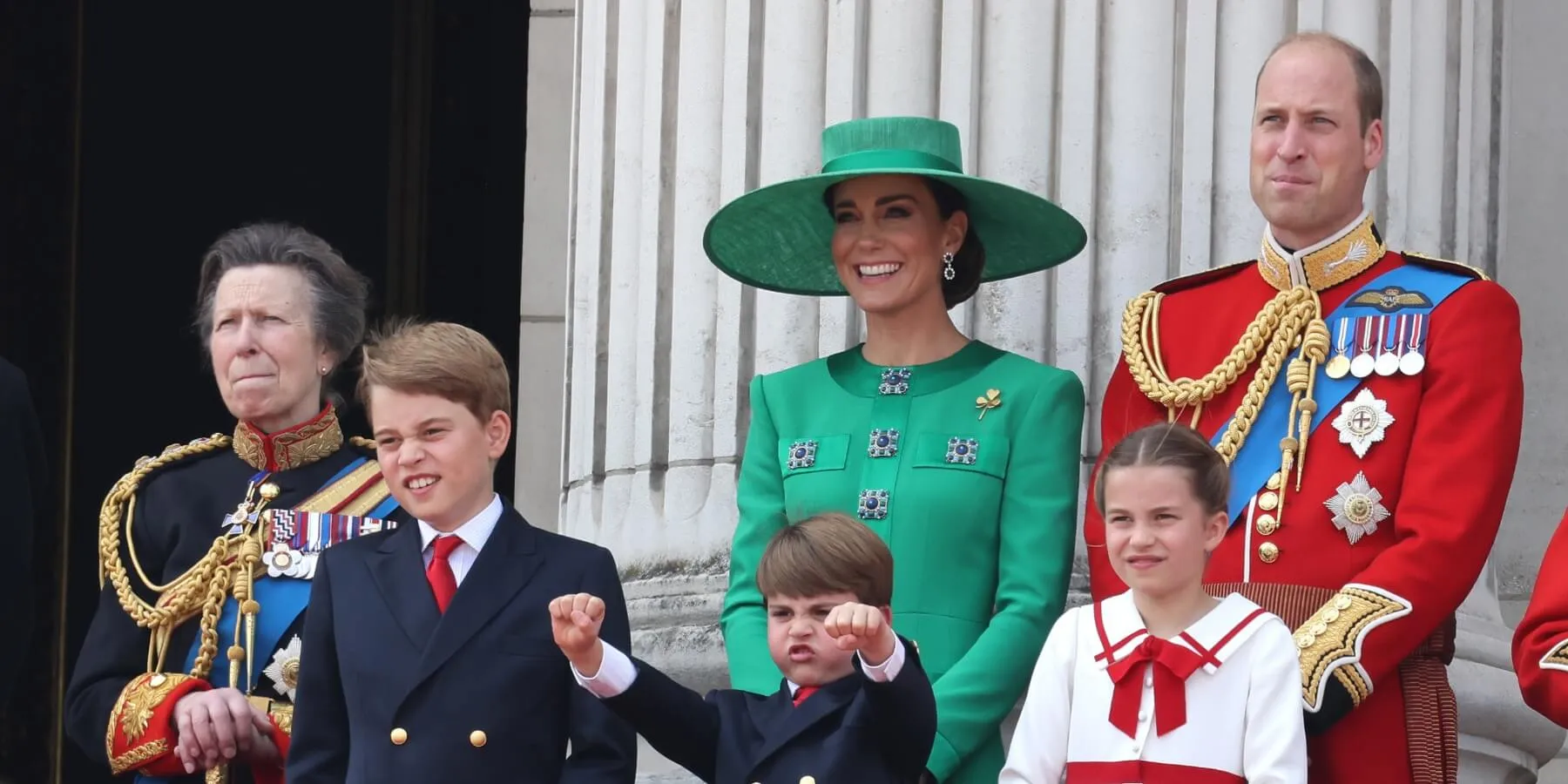 Princess Anne, Prince George, Kate Middleton, Prince Louis, Prince William, and Princess Charlotte at 2023's Trooping the Color.