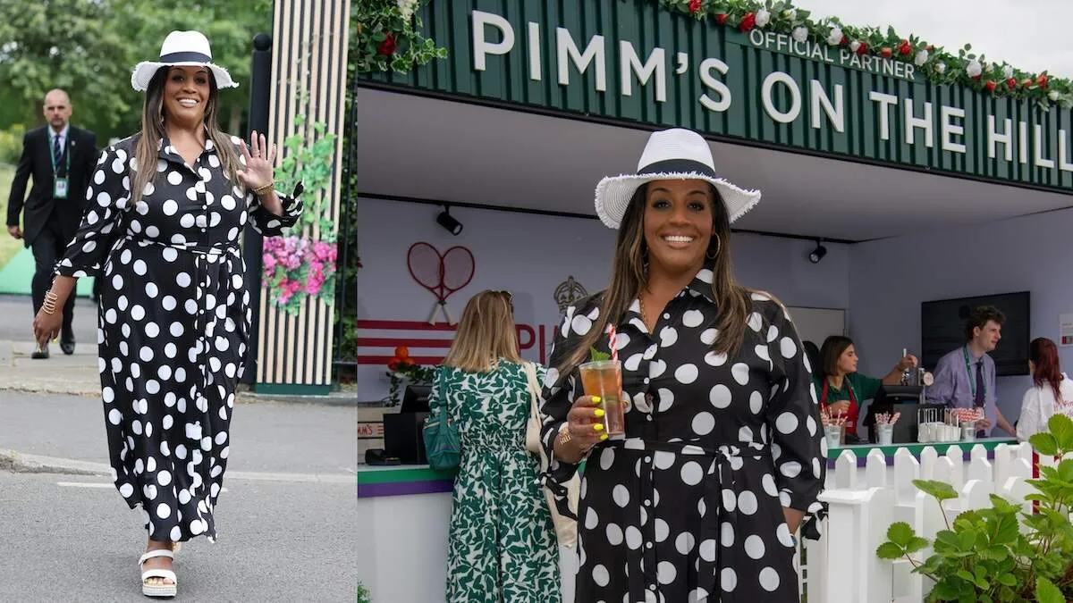 Wearing a black and white polka dot dress, Alison Hammond attends day one of the Wimbledon Tennis Championships