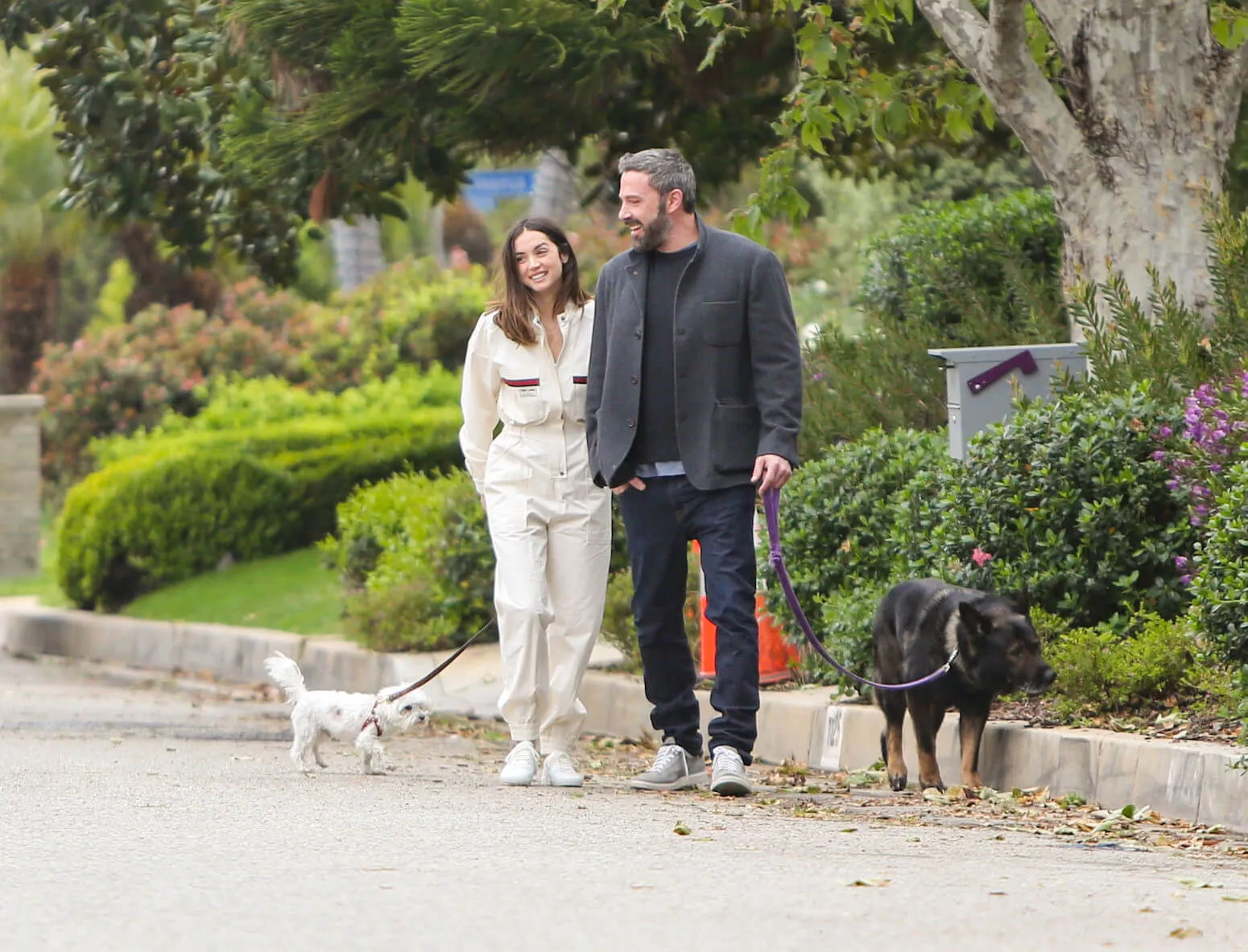 Ana de Armas and Ben Affleck smiling while walking their dogs in LA in 2020