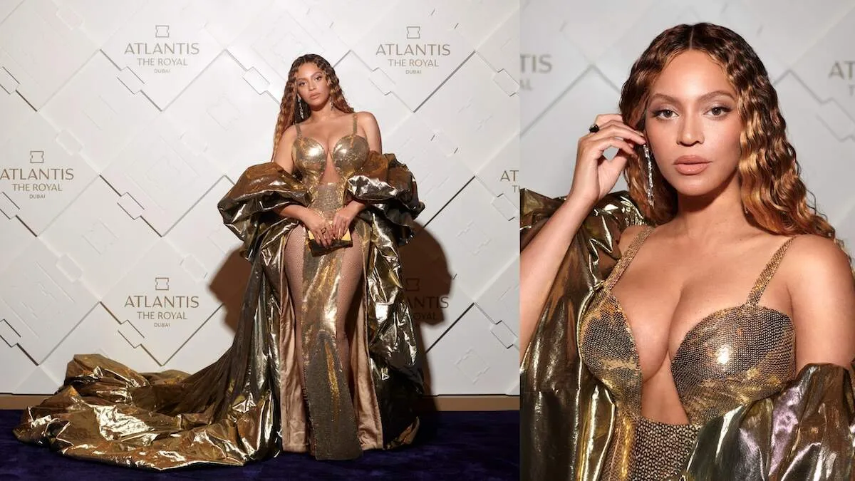 Singer Beyoncé wears a gold gown to the grand reveal of Atlantis in Dubai