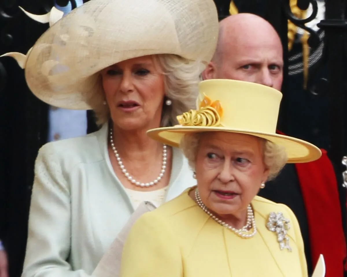 Camilla Parker Bowles and Queen Elizabeth II depart for a procession to Buckingham Palace following Prince William and Kate Middleton's wedding