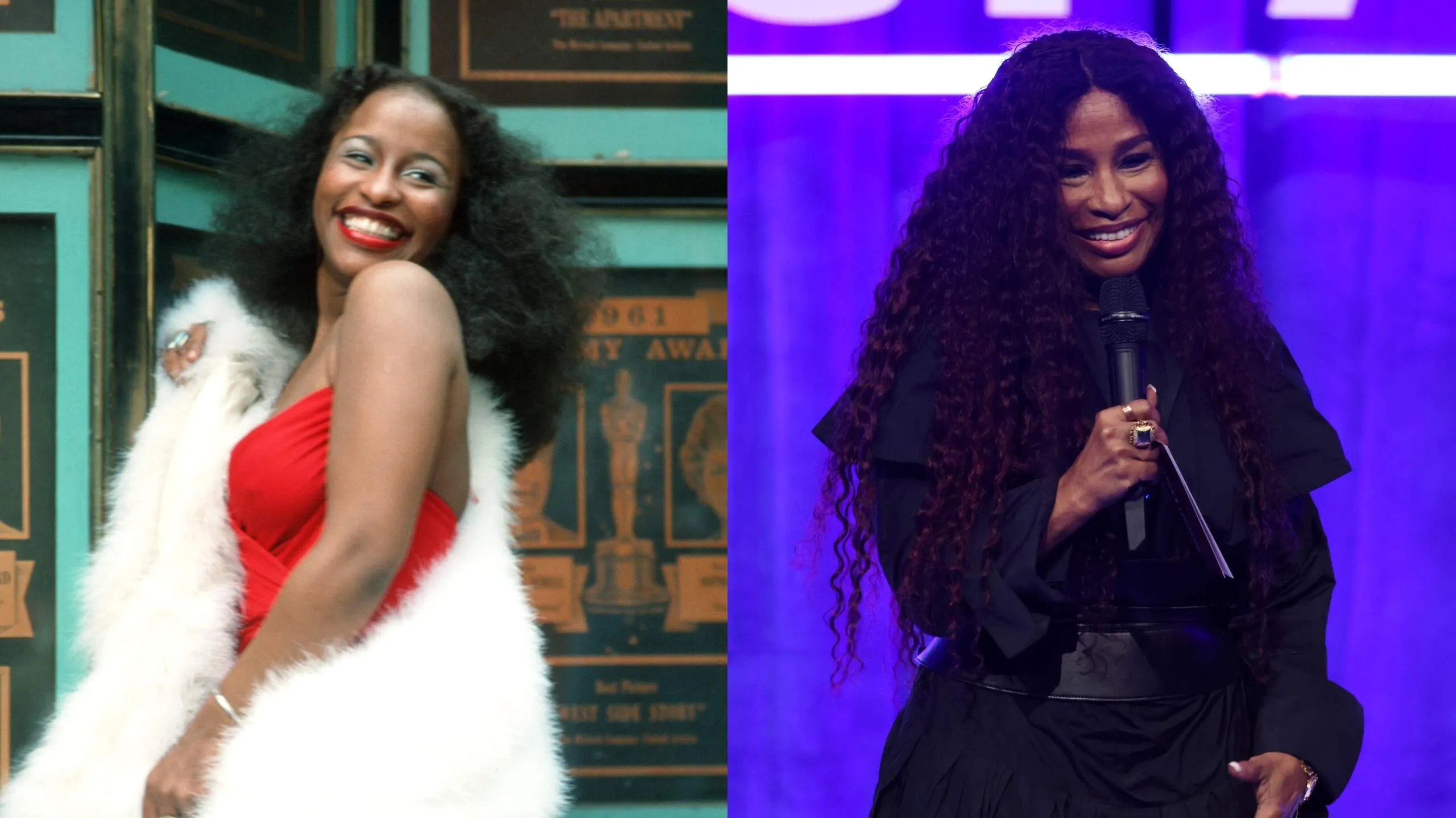 A photo of Chaka Khan wearing a red top in 1970 alongside a photo of Chaka Khan wearing a black dress in 2024