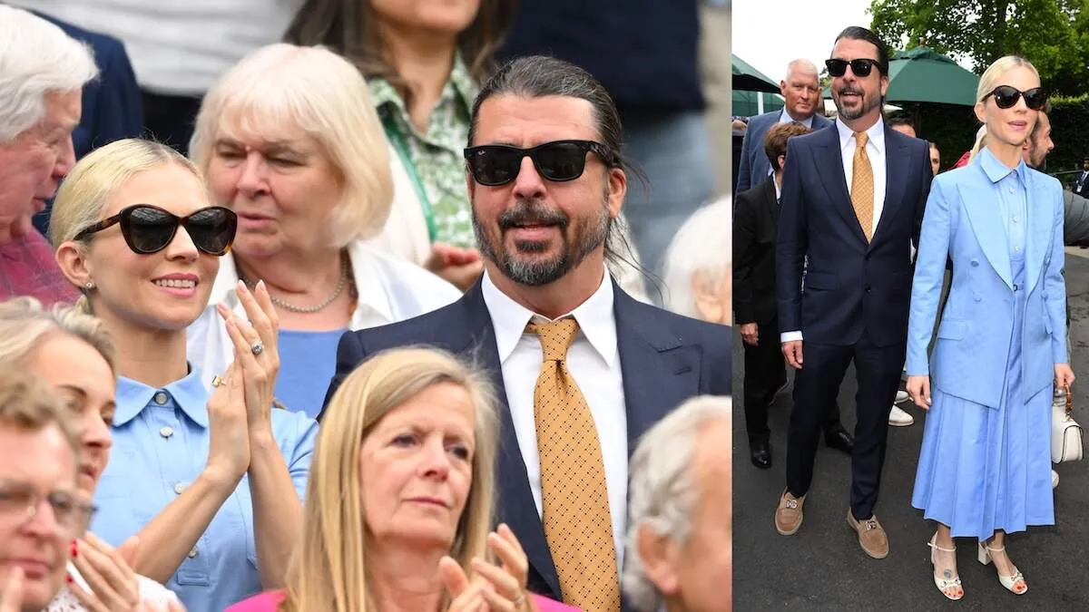 Wearing a blue dress and navy suit, Jordyn Blum and Dave Grohl attend day two of the Wimbledon Tennis Championships