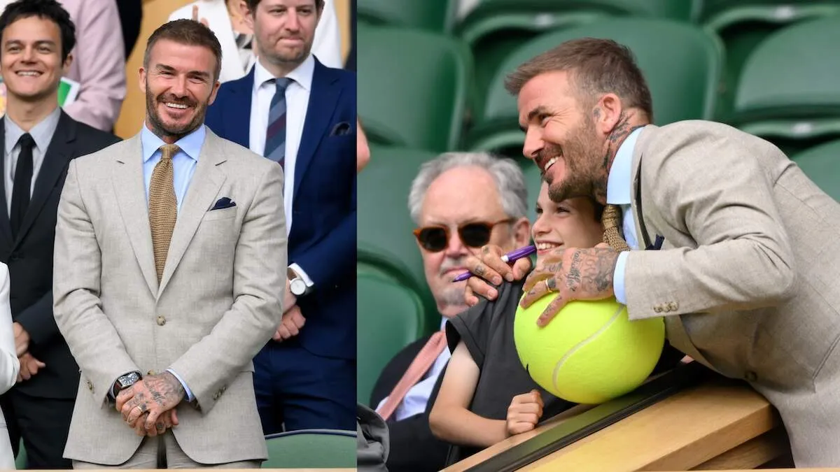 Soccer star David Beckham sits centre court during day one of the Wimbledon Tennis Championships