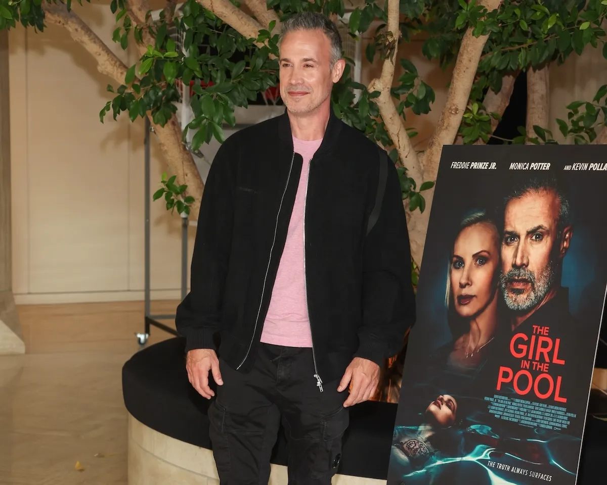 Wearing a black jacket, Freddie Prinze Jr. attends the Los Angeles premiere of "The Girl In The Pool"