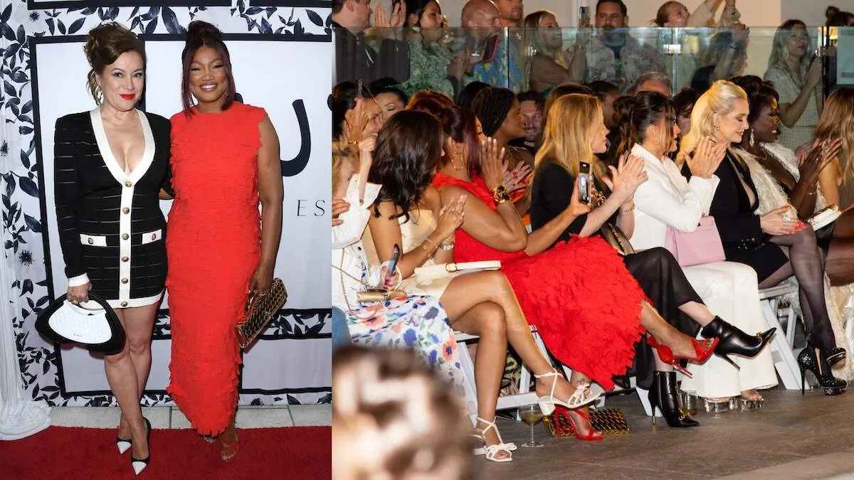 Celebrities Jennifer Tilly and Garcelle Beauvais stand together on the red carpet before Sutton Stracke's fashion show