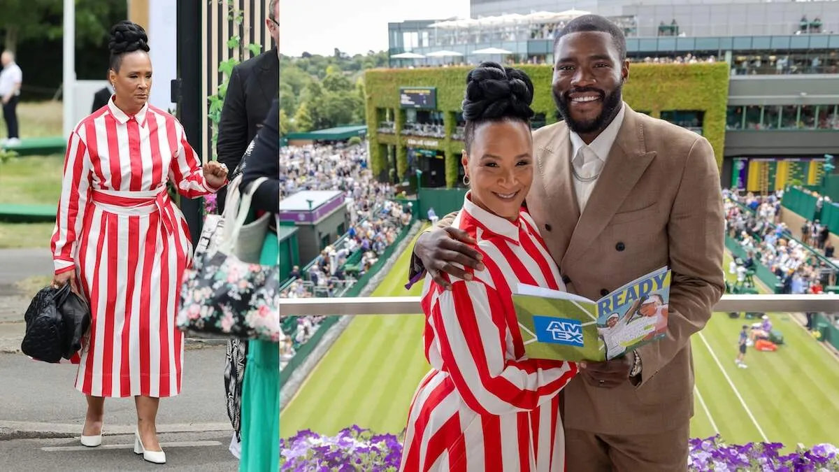 Golda Rosheuvel and Martins Imhangbe pose for a photo overlooking Wimbledon's center court