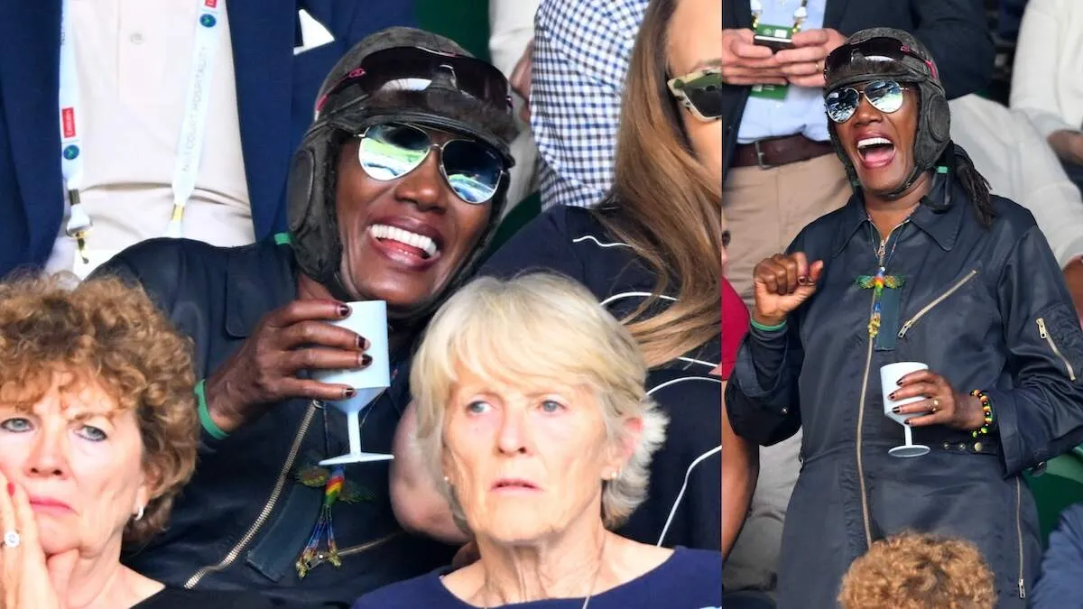 Singer Grace Jones laughs during day two of the Wimbledon Tennis Championships