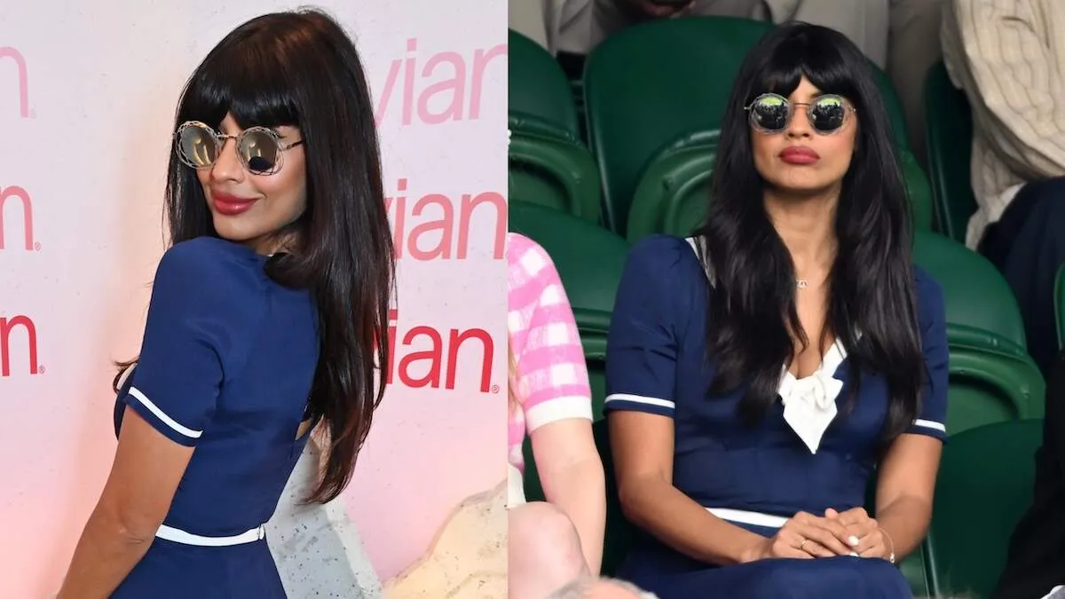 Actor Jameela Jamil poses for photos during day one of the Wimbledon Tennis Championships