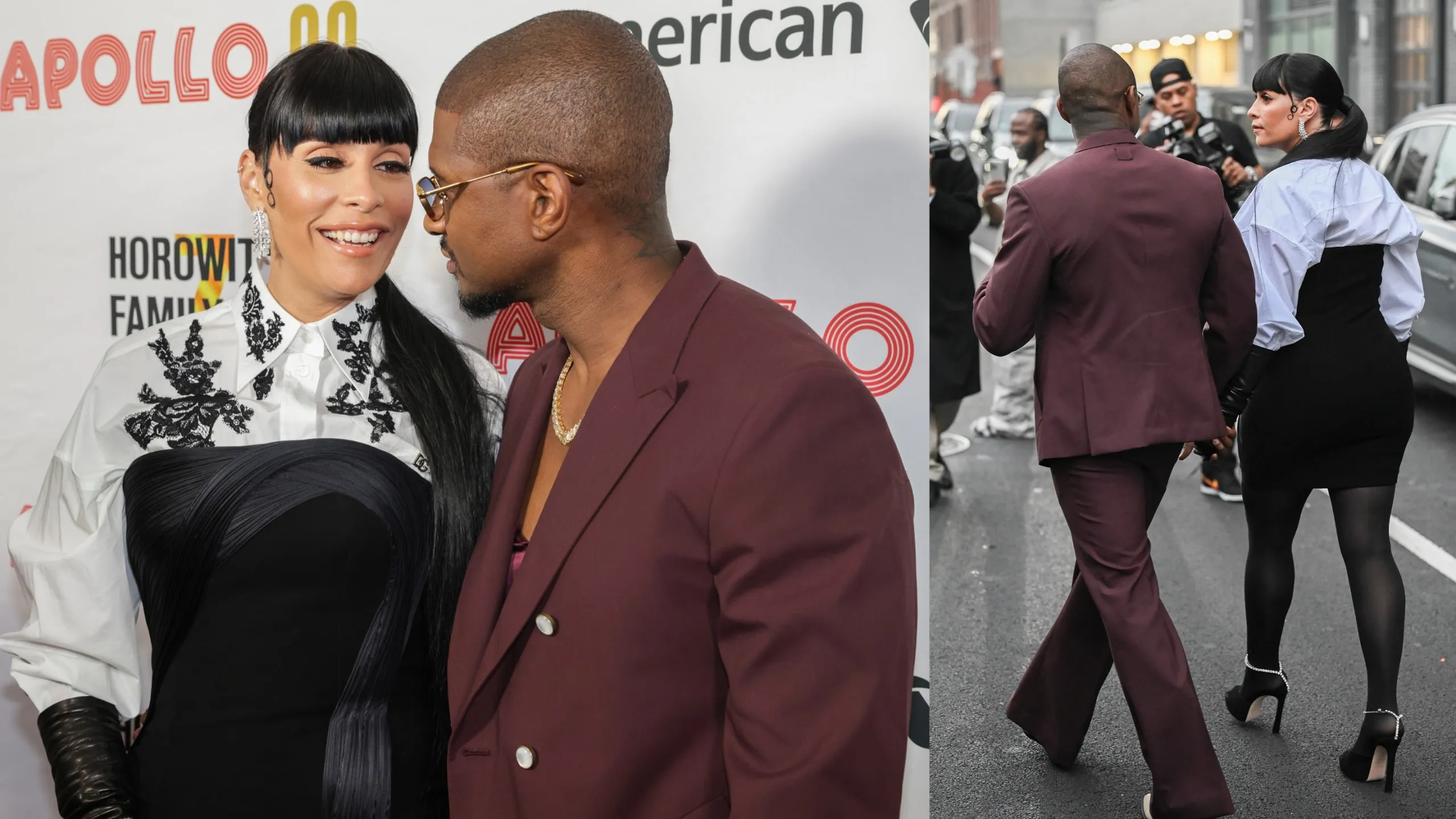 Wearing a maroon suit, Usher looks at his wife Jennifer as they exit the Apollo Theater Spring Benefit