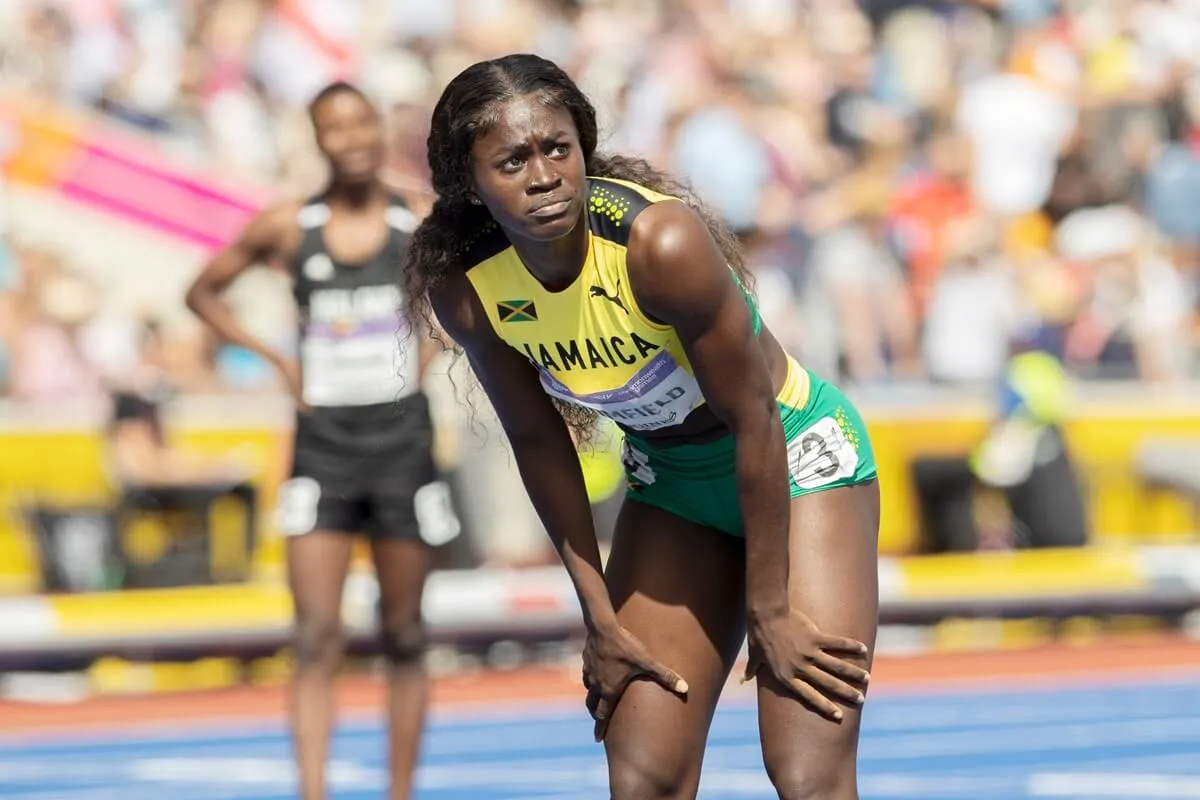 Junelle Bromfield of Jamaica afer the women's 400m final during Athletics Track & Field on day ten of the Birmingham 2022 Commonwealth Games