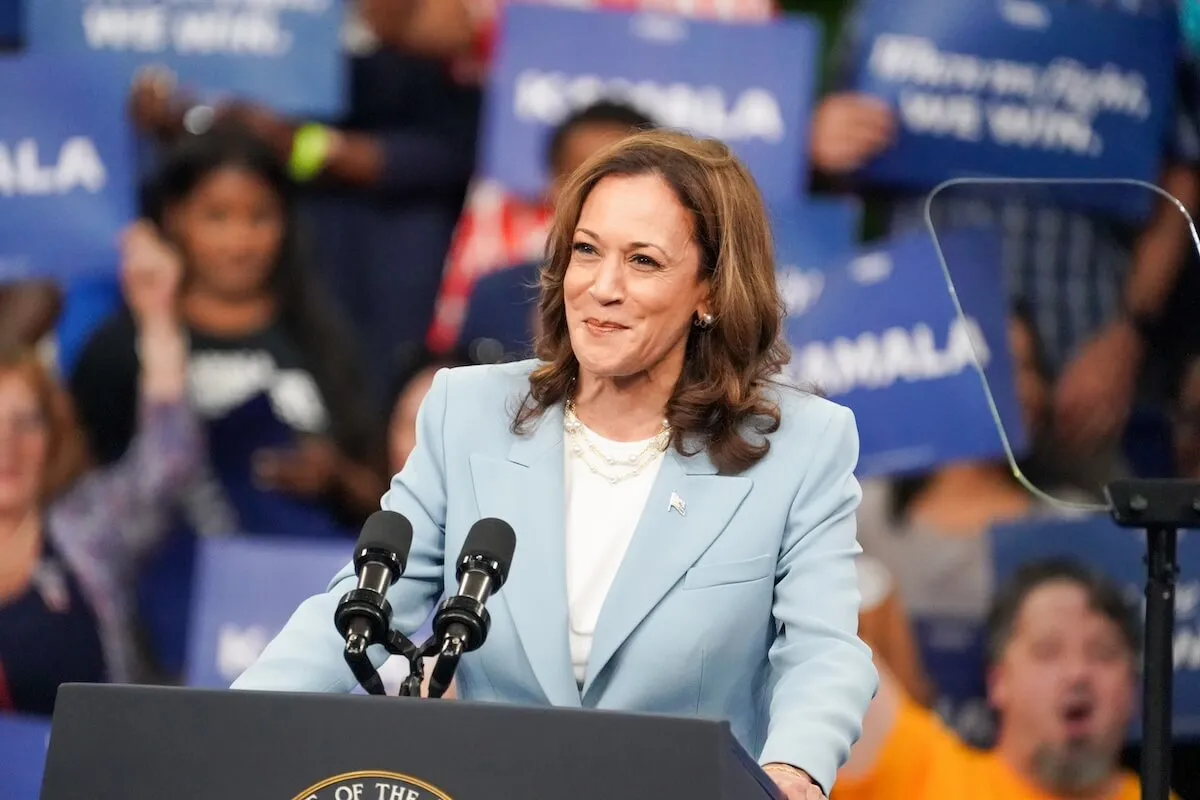 Kamala Harris on stage at a rally in Atlanta