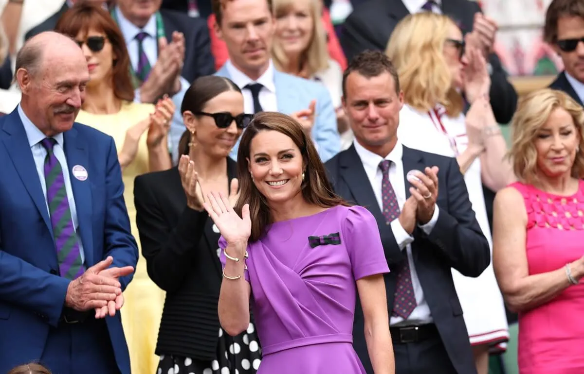 Kate Middleton waves from the Royal Box ahead of the Wimbledon Men's Singles Final