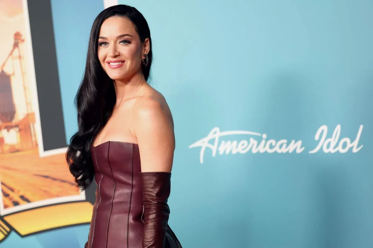 Katy Perry wears a brown strapless dress with matching gloves. She stands in front of a blue sign for 'American Idol.'
