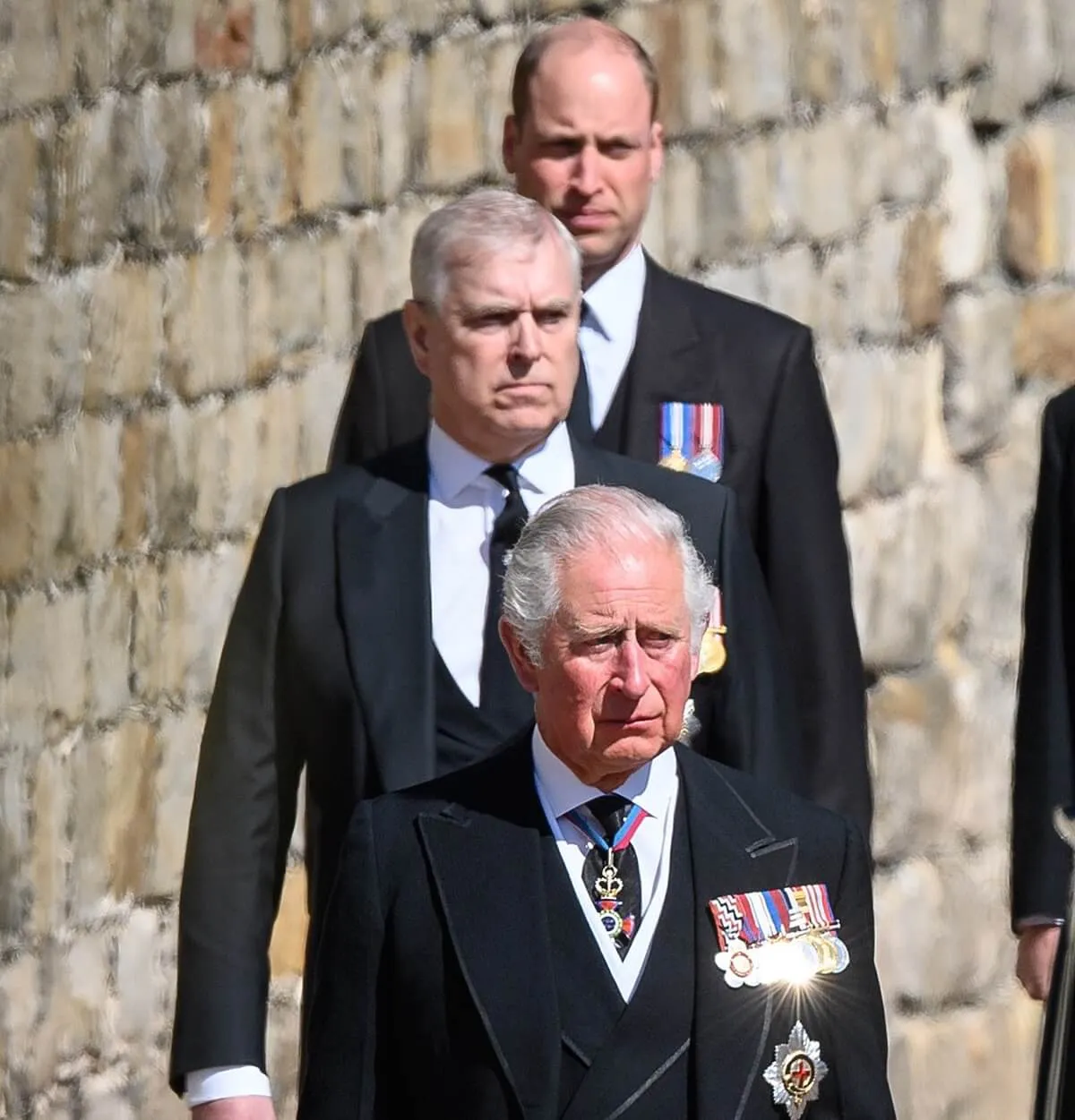 King Charles III, Prince Andrew, and Prince William during the funeral of Prince Philip at Windsor Castle