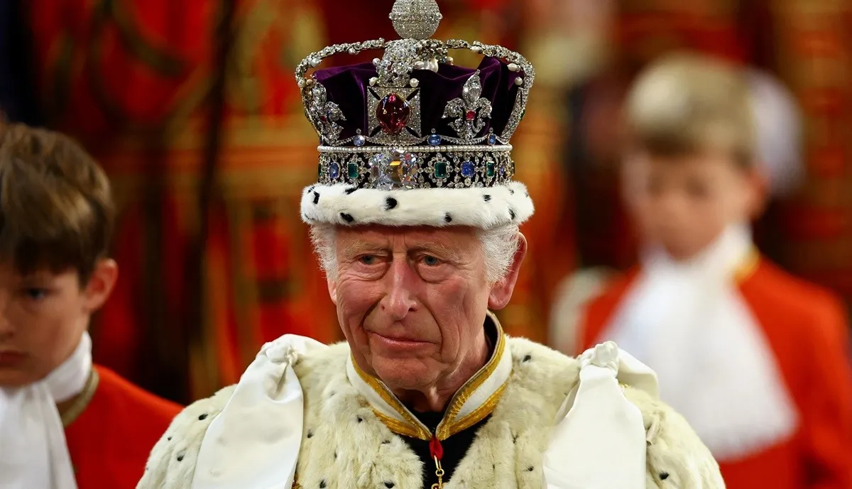 King Charles III wears the Imperial State Crown during the State Opening of Parliament