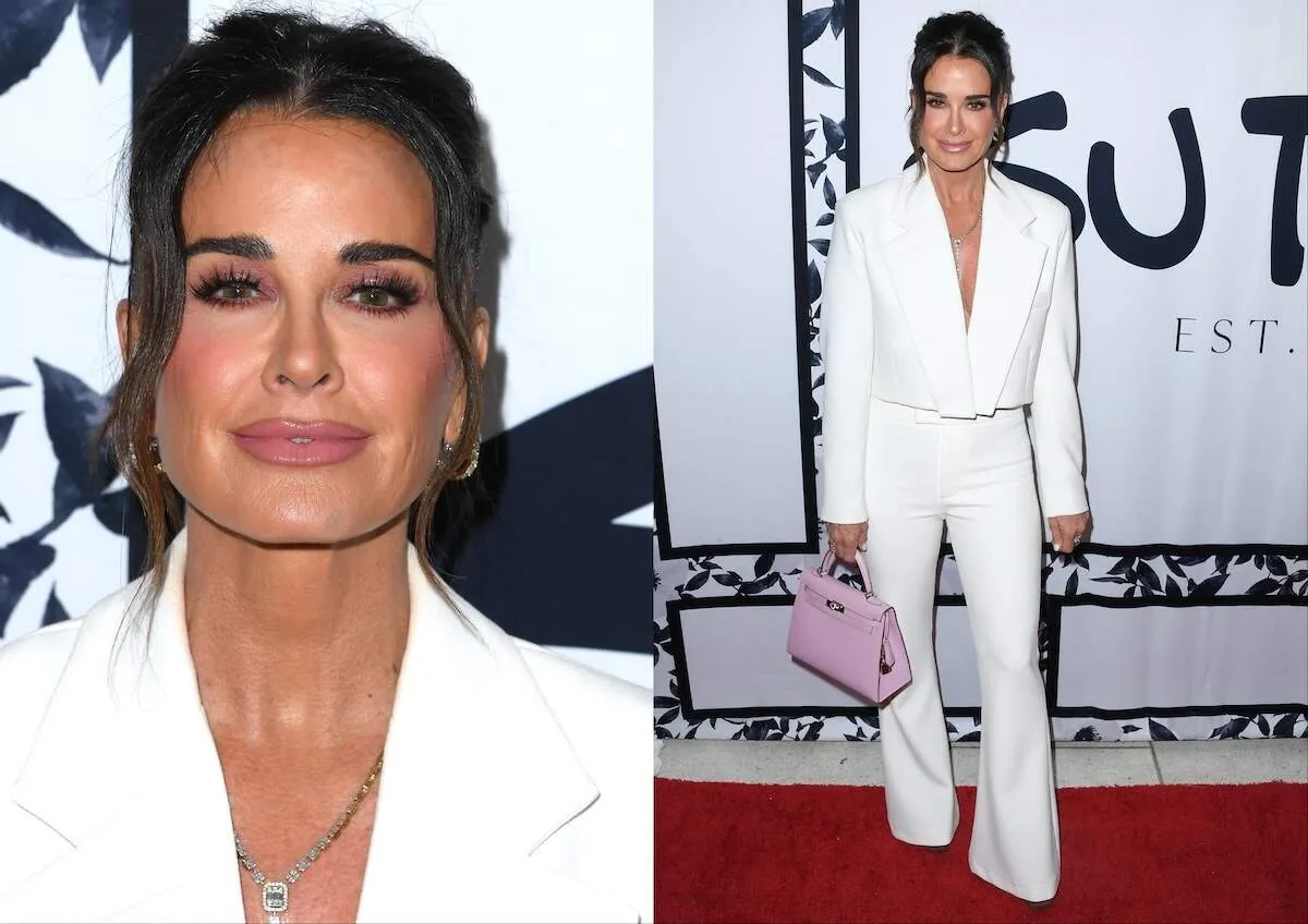 Bravo star Kyle Richards wears a white suit set at Sutton Stracke's Fashion Show