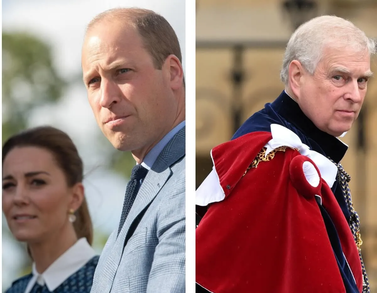 (L) Prince William and Kate Middleton attend function in London, (R) Prince Andrew departs from King Charles' coronation