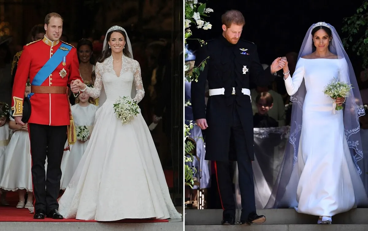 (L) Prince William and Kate Middleton following their wedding ceremony, (R) Prince Harry and Meghan Markle following their wedding ceremony
