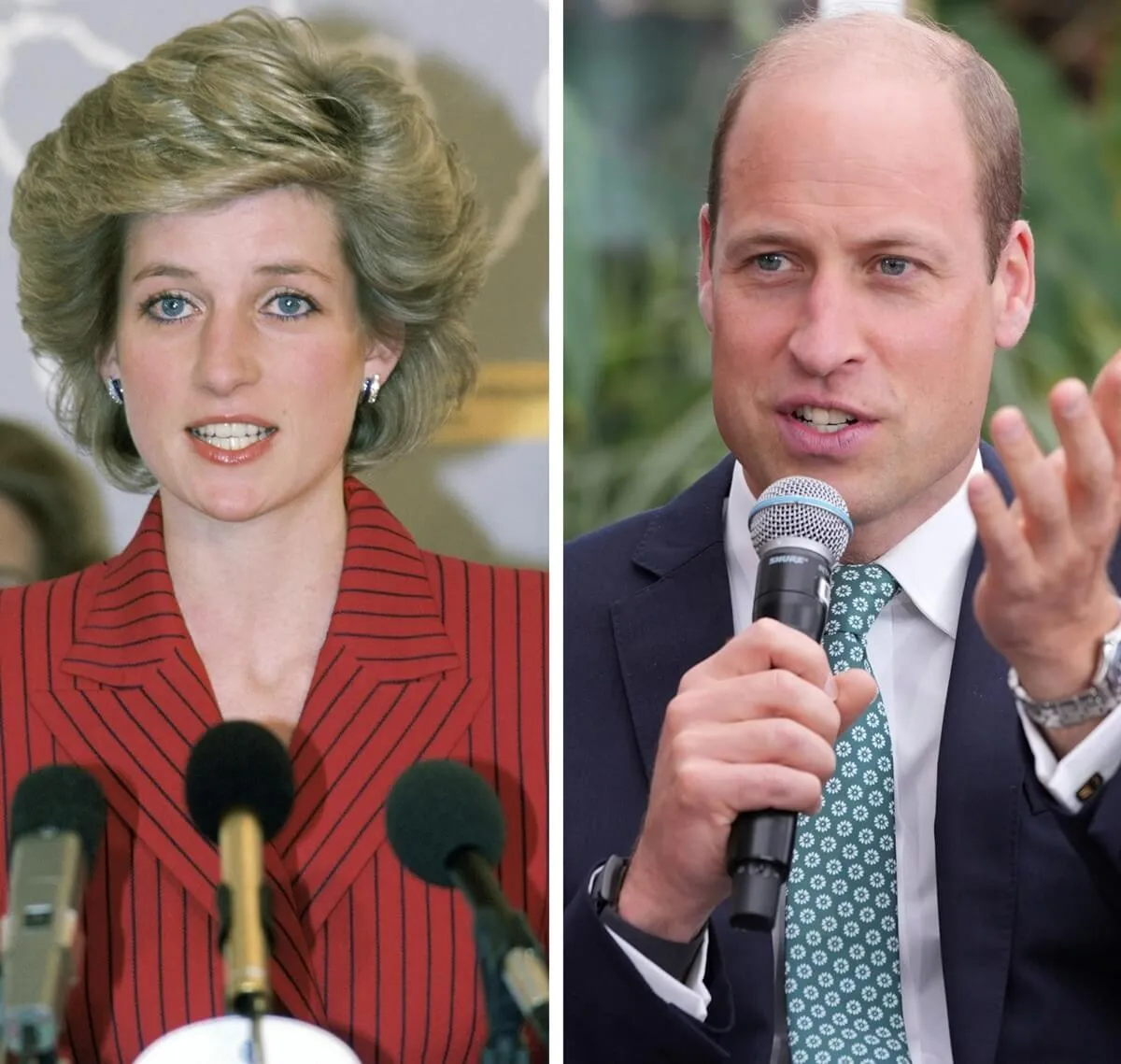 (L) Princess Diana, patron of 'Help the Aged' giving a speech, (R) Prince William giving a speech at Earthshot Innovation Camp