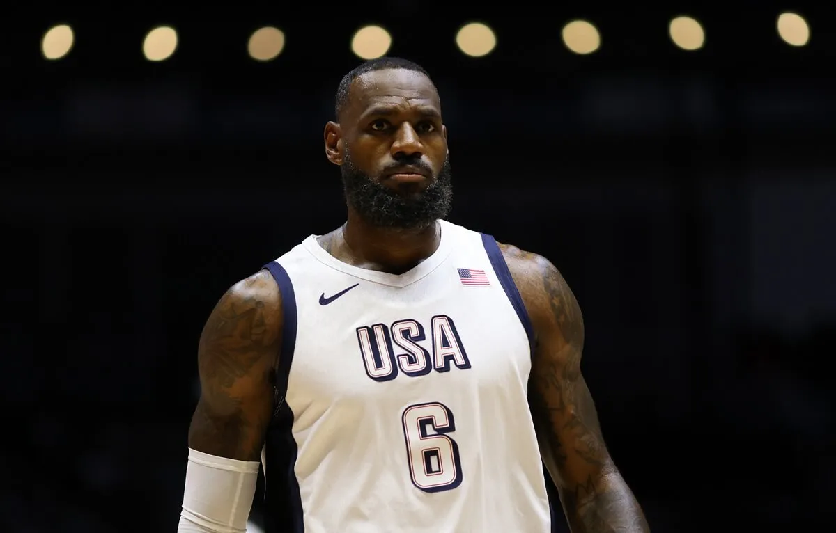 LeBron James of the United States looks on during the 2024 USA Basketball Showcase match between USA and Germany