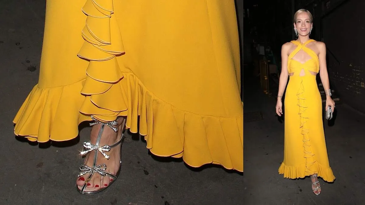 Wearing a bright yellow dress, Lily Allen seen leaving the Duke of York's Theatre