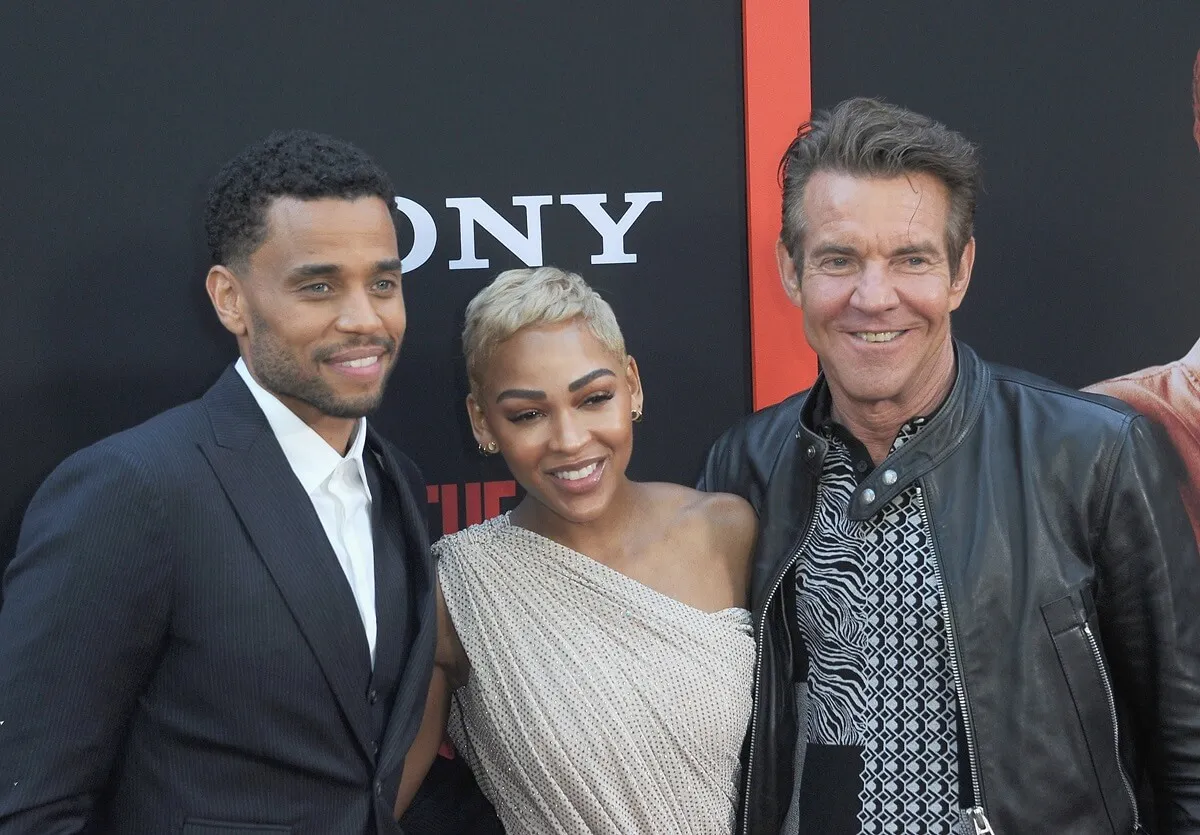 Meagan Good, Dennis Quaid, and Michael Ealy all posing at the premiere of 'The Intruder'.