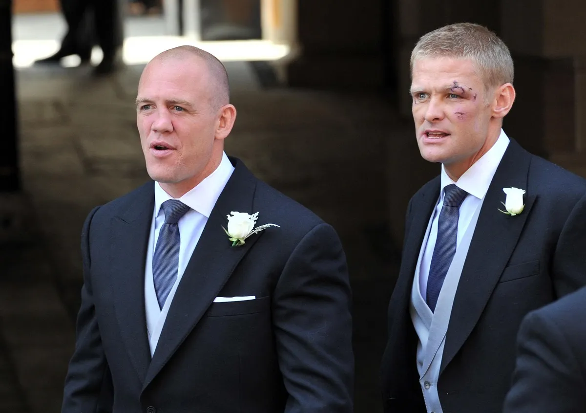 Mike Tindall with his best man Iain Balshaw outside his hotel in Edinburgh as he departs for his wedding to Zara